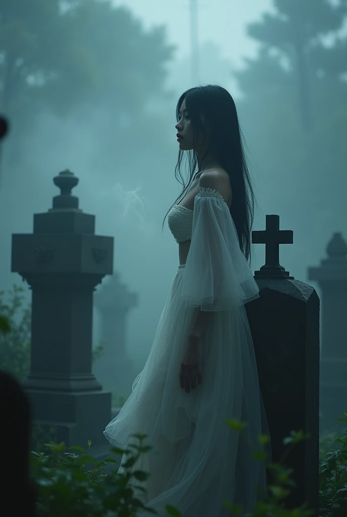 (Female ghost:1.7)、(((In the fog)))、((The body is blurred))、young woman、((Beauty))、Japanese、(Cute face)、1、((sexy))、Background Graveyard、(((Leaning on the grave)))、(((sexyな衣装)))、soul、(((Smoke is coming from below)))、(best quality,4K,8k,highres,masterpiece:1.2),ultra-detailed,(realistic,photorealistic,photo-realistic:1.37),HDR,uhd,studio lighting,ultra-fine painting,sharp focus,physically-based rendering,extreme detail description,professional,vivid colors,bokeh,cinematic lighting,dramatic shadow,