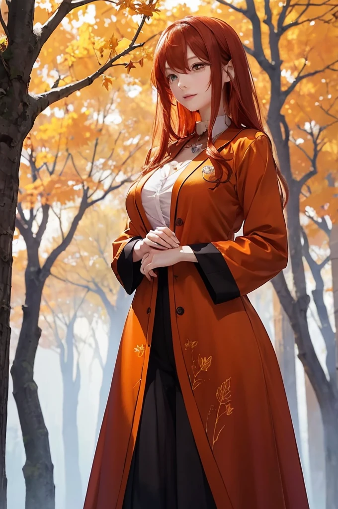 Masterpiece, best quality, an anime girl with long, flowing red hair. She is wearing an elegant autumn-themed outfit, complemented by a delicate pendant shaped like a maple leaf. The pendant glows faintly with a warm golden light, reflecting the autumn sun. She stands in a forest with falling leaves around her, the pendant softly swinging as a gentle breeze blows.