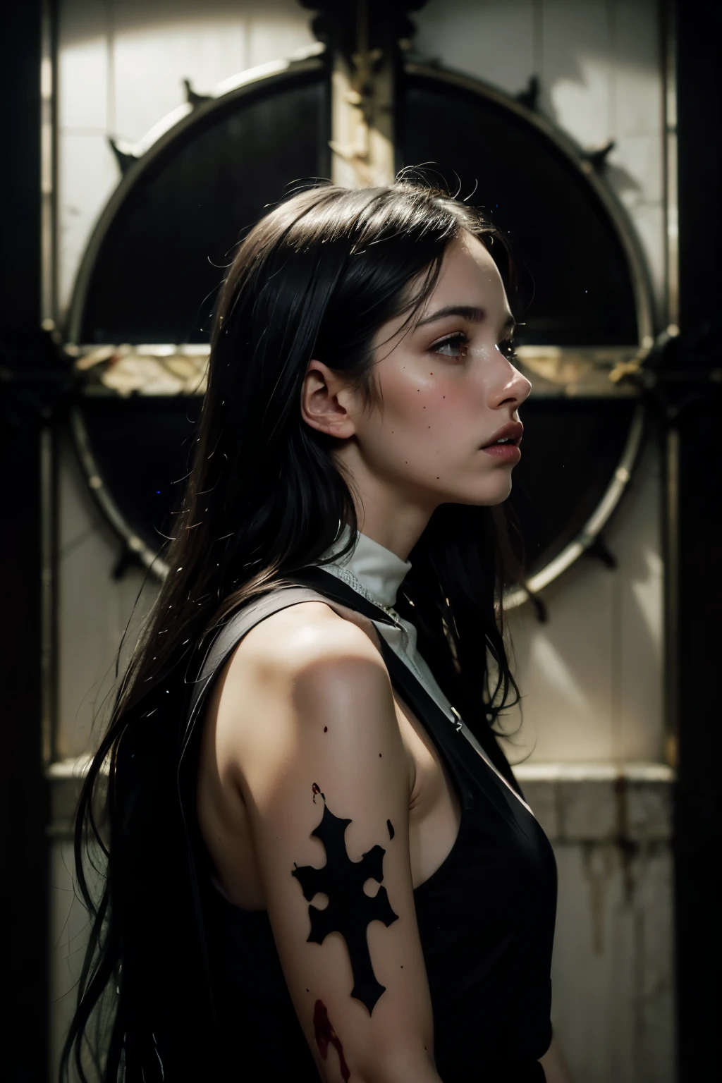 (masterpiece, top quality, best quality, official art, beautiful and aesthetic:1.2), (black and white:1.5), a pale girl with white skin, long hair flowing, black hair, blood dripping from above, stained glass behind with a cross above , occult, oil painting:1.5, gloomy, holy, dark background, black background, a dark shadow behind, side view