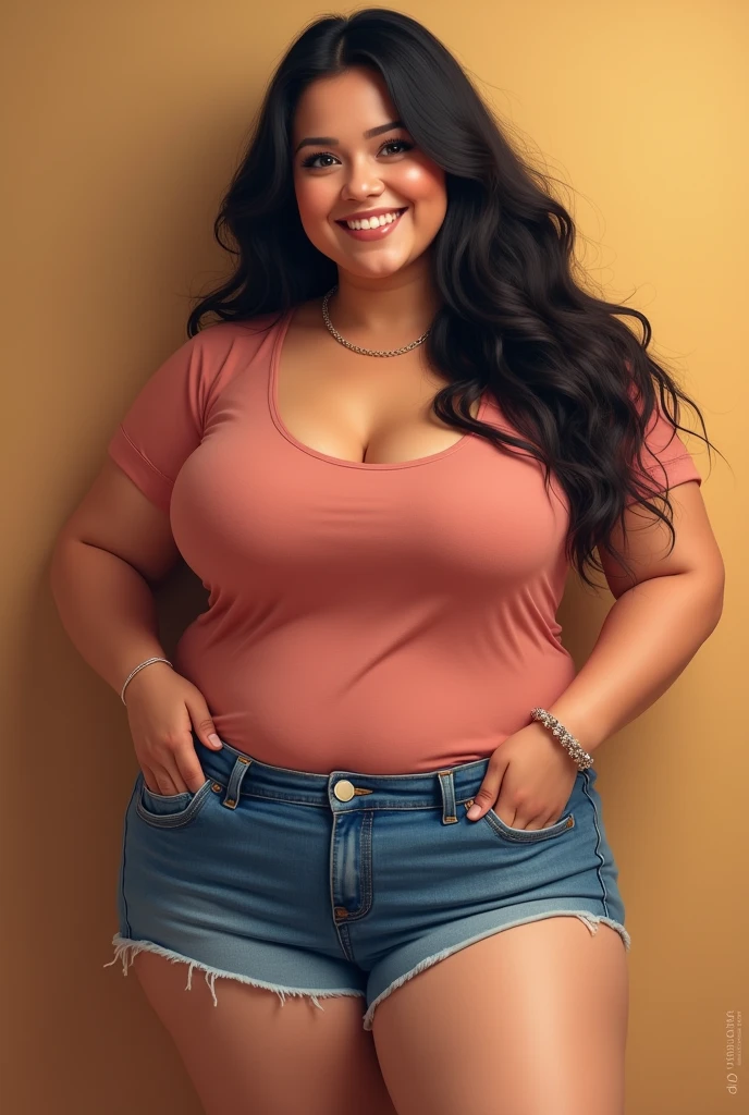 Chubby woman with long black hair, brunette, smiling, wearing a short jean shorts, full length, slim, round face