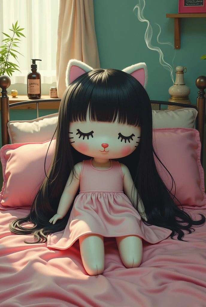 Imagine a Hello Kitty with long straight black hair, In his bed, smoking cannabis