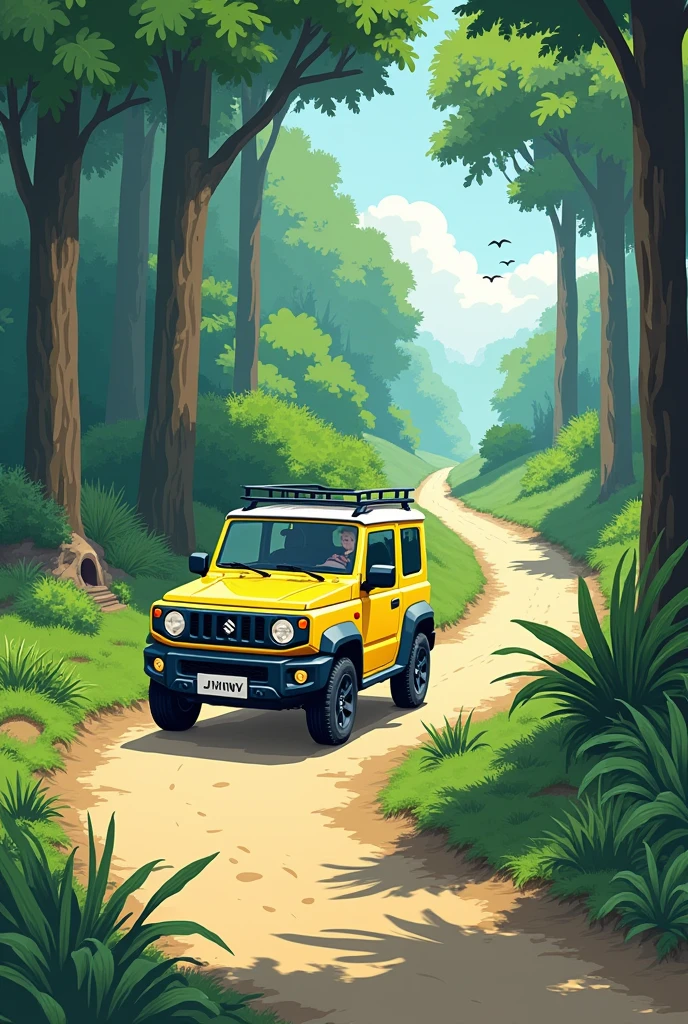 Ghibli-style Jimny,Forest road,Cel painting style