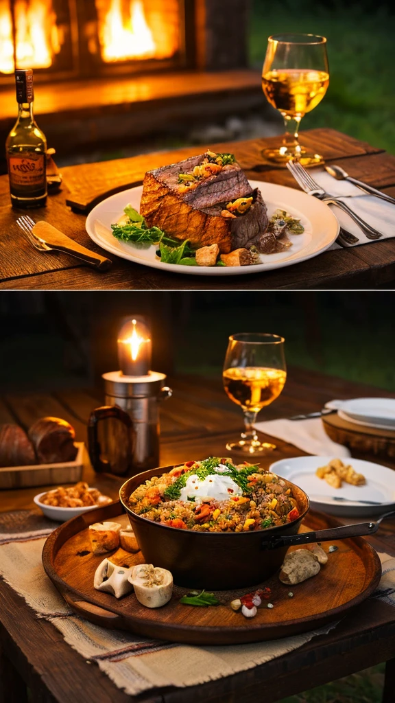 8k,Very detailed, masterpiece,High resolution,Highest quality,Increase the resolution,Cinema Lighting,Tableware made from bones，Primitive meat dishes，camp，Camp，Outdoor，Starry Sky，Ground Style，Rum Rocks，whisky