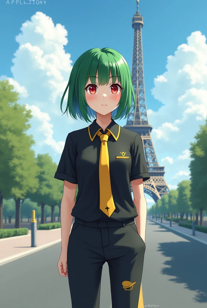 Girl with semi-long green hair, red eyes with a black short sleeve shirt, with a yellow tie and black pants with yellow socks, in the background in the landscape the Eiffel Tower. Realistic style