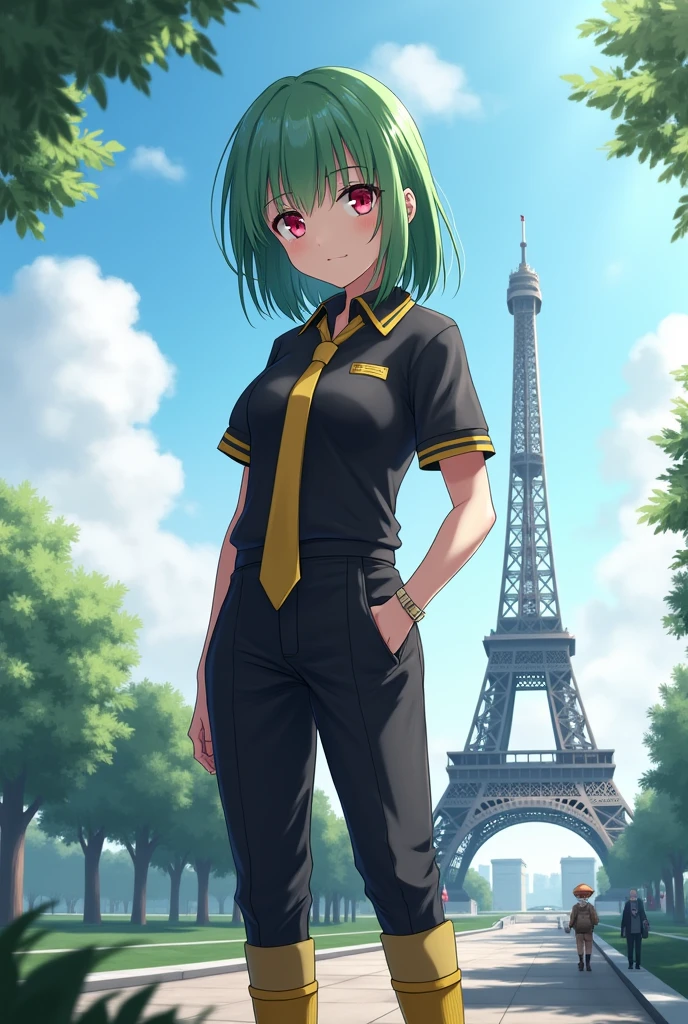 Girl with semi-long green hair, red eyes with a black short sleeve shirt, with a yellow tie and black pants with yellow socks, in the background in the landscape the Eiffel Tower. Realistic style