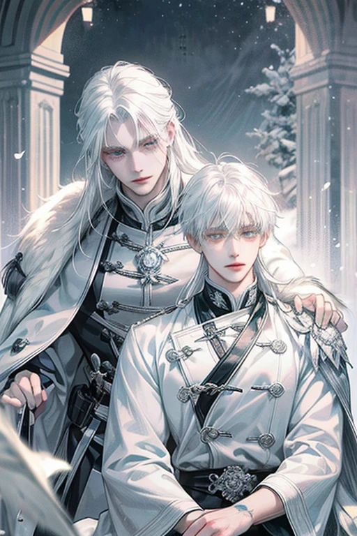 A man with white hair and a white dog in a snowy area, zorro de by white, by Yang J, by white, by white deity, with long white hair, de by white, with long white hair, a white wolf, white fox anime, by the whites, Handsome boy in Demon Slayer art, god of winter, wlop and sakimichan