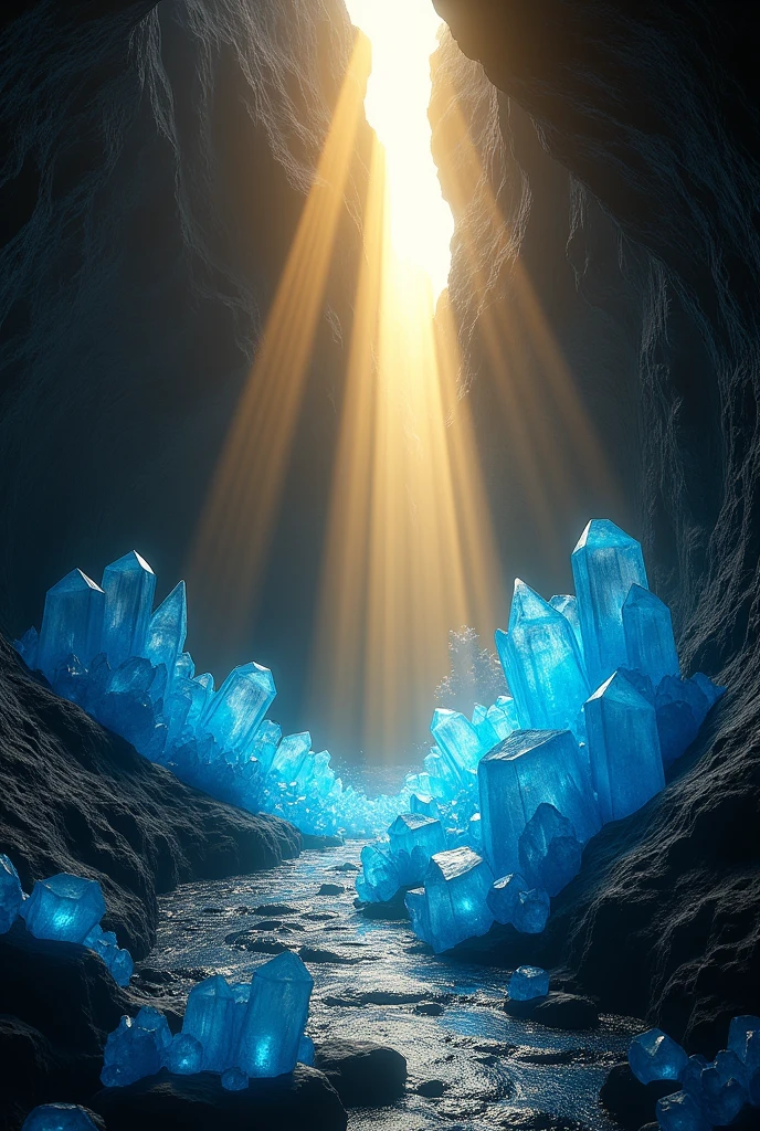 a crack in the wall of a cave through which the sun's rays are reflected on blue crystals as sunbeams