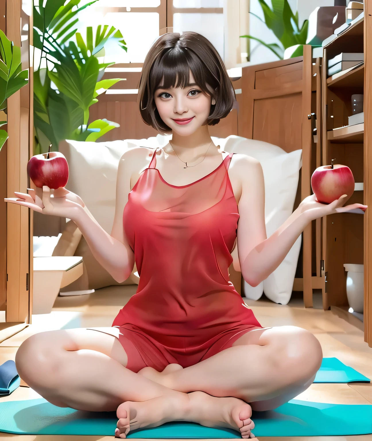 {{{Hold your hands out as if you were holding an apple::1.8}}},{{{Blunt bangs、short hair:1.6}}}},,{{Girl sitting on a mat and doing yoga poses:１８age:Double Eyes::smile}},, Sitting pose,{Tight tank top:See through}, Affectionate, Affectionate, gentle pose, Symmetrical pose, Full body pose, 