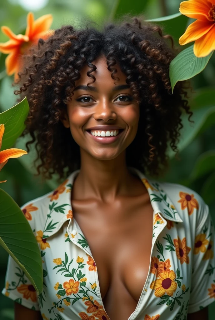 A Brazilian woman in a lush tropical garden, wearing an open shirt with a floral print, with a close-up capturing the harmonious beauty between her breasts and the natural flowers, showing off your natural charm and outgoing personality.