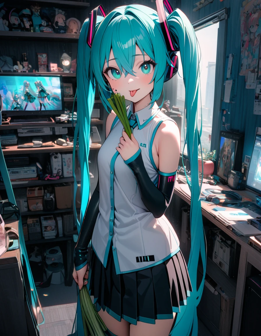 (8K, best quality, master piece: 1.2),ultra-high resolution,1girl, hatsune miku,aqua eyes,ultra-detailed face,detailed eyes,Center tongue piercing,holding a leek,very long twin tails,aqua eyes,tongue out,Sleeveless shirt, arm covers,Pleated skirt,standing, Otaku's room