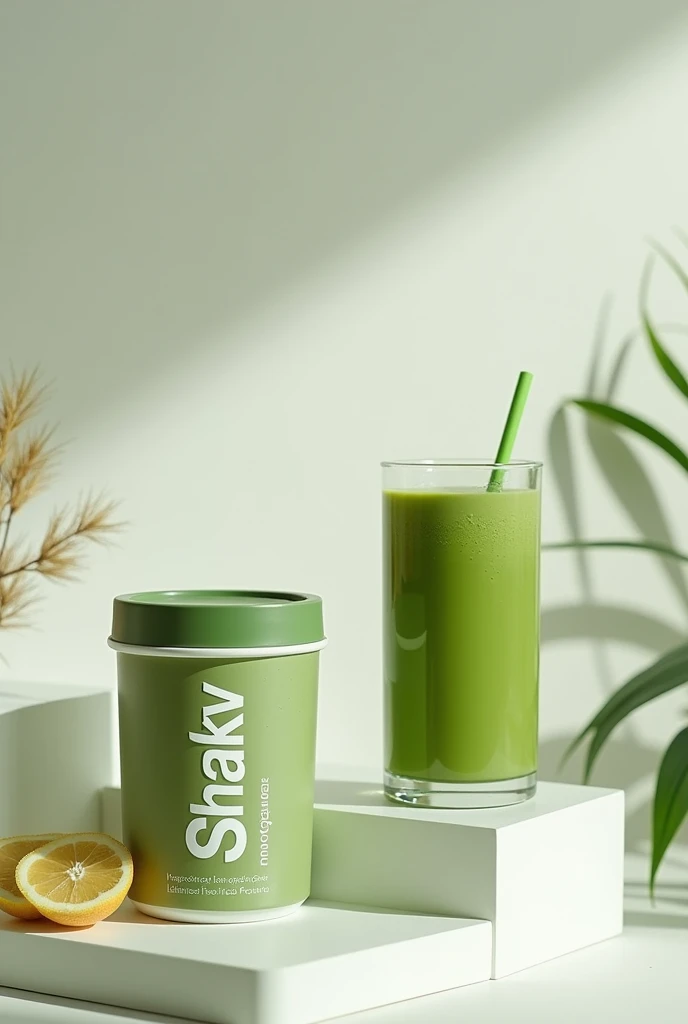 create a protein shake with a container with the logo that says shaky create another idea but transparent container that is the matcha tea protein shake