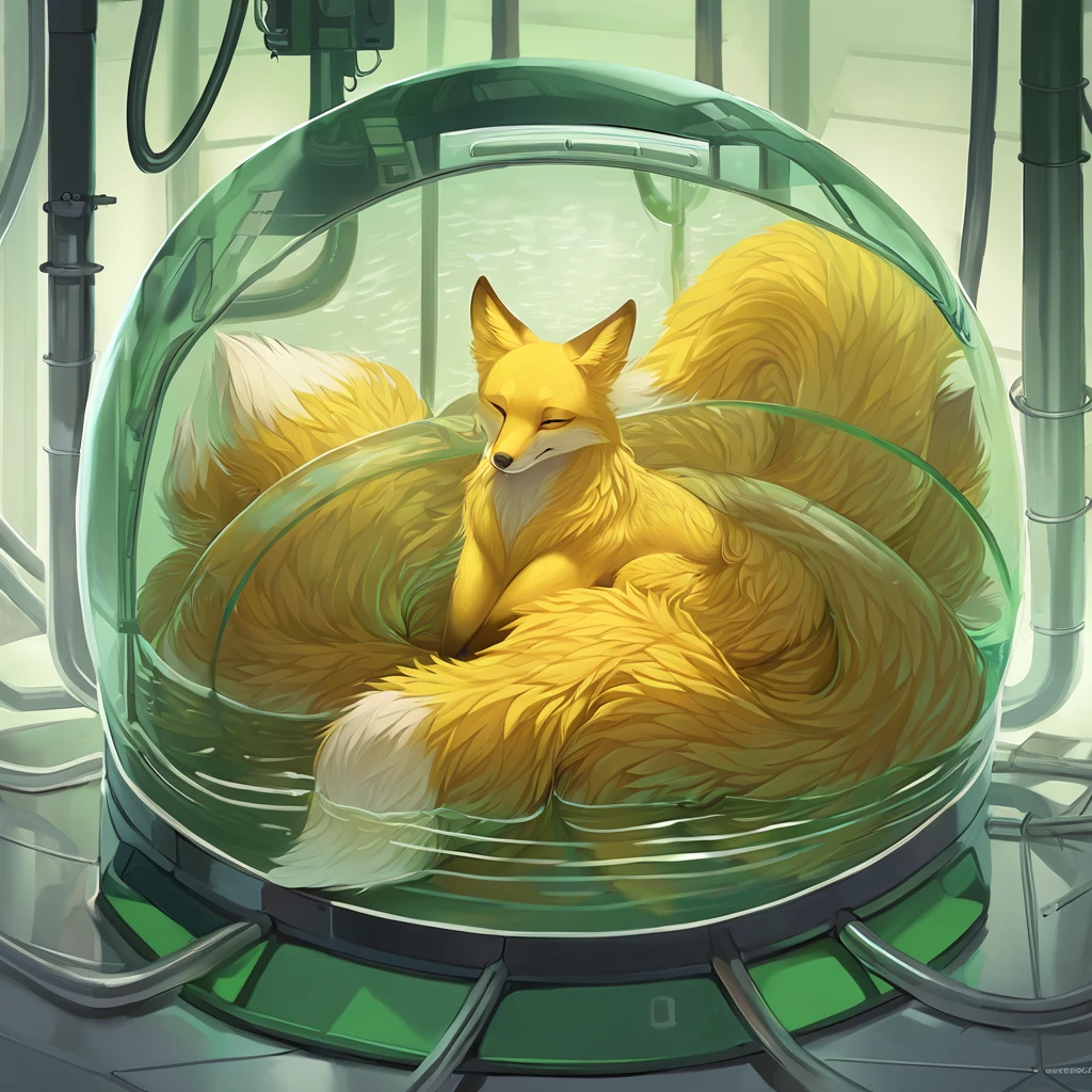 canine, fox, kitsune, yellow_body, golden_fur, detailed_body, detailed_colors, nine_tails, laboratory_background, machinery, tubes, floating, water_chamber, curled_up, closed_eyes, green_ambience, thin_anthro, solo, digital_media_(artwork), hi_res, masterpiece,