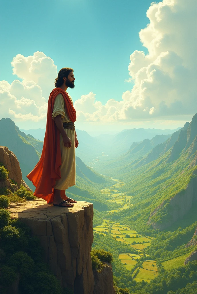 "A symbolic image of Joseph, standing on a strong, rocky foundation overlooking a vast, fertile valley. The valley is lush and green, filled with crops and trees, representing the prosperity that comes from living with integrity. Joseph’s posture is upright and confident, his face serene as he surveys the land below. The sky is clear, with the sun shining brightly, symbolizing divine approval. The atmosphere is one of strength, stability, and the long-term rewards of a life built on solid moral principles. -ar16:9