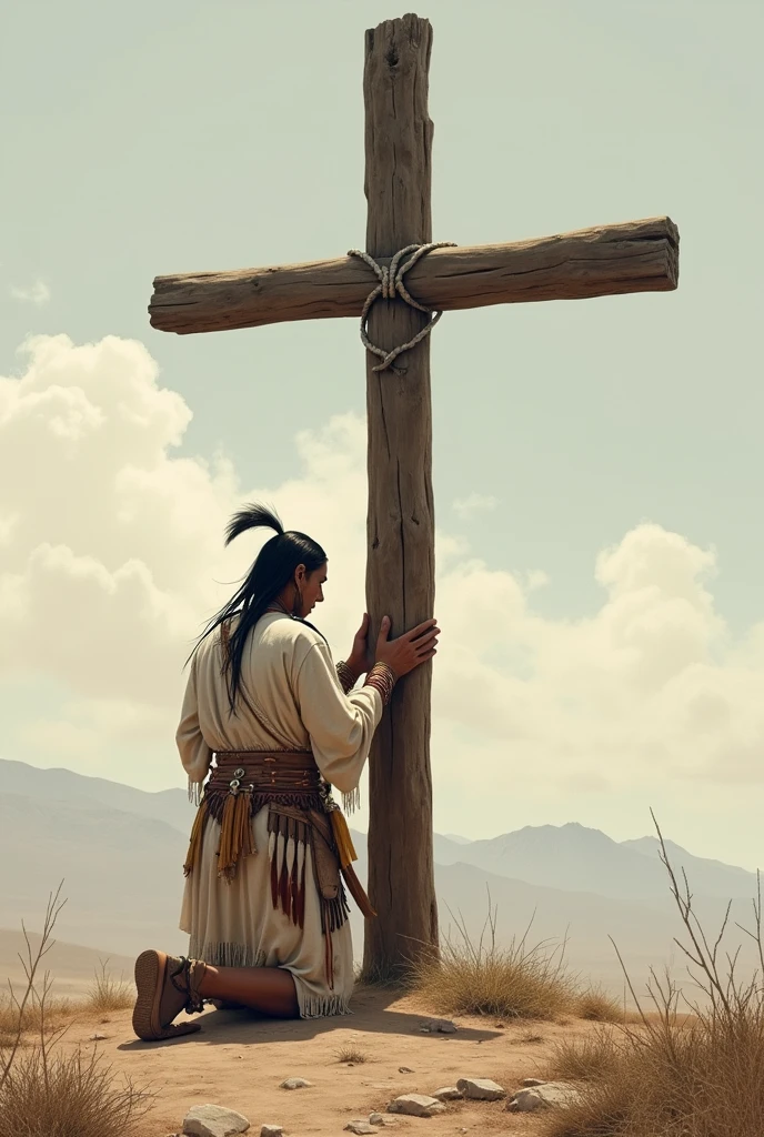 Make me a drawing for a realistic tattoo of an Apache kneeling to God on his cross dressed in white 