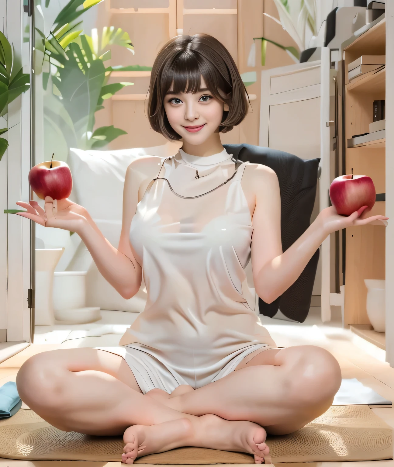 {{{Hold your hands out as if you were holding an apple::1.8}}},{{{Blunt bangs、short hair:1.6}}}},,{{Girl sitting on a mat and doing yoga poses:１８age:Double Eyes::smile}},, Sitting pose,{Tight tank top:See through}, Affectionate, Affectionate, gentle pose, Symmetrical pose, Full body pose, 