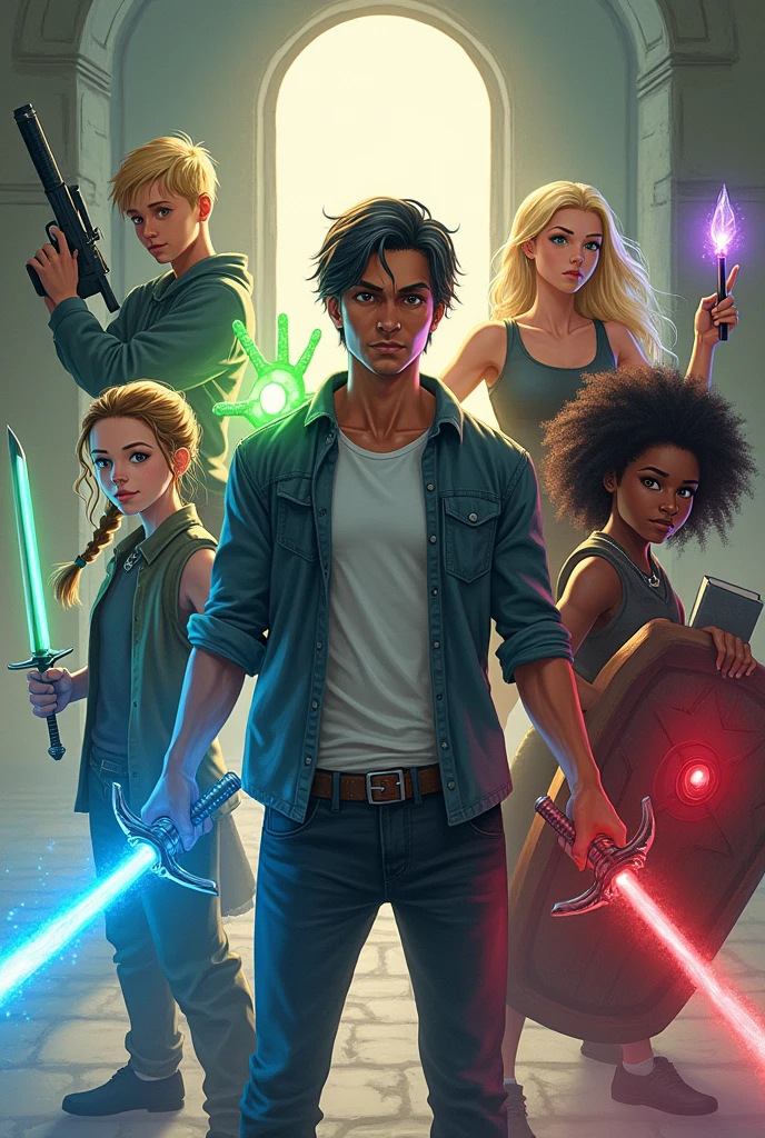 make a book cover with 6 people in the picture: a man with dark, straight hair is in the center of the image holding a blue-bladed sword wearing casual clothes; On the left side, a girl with blonde hair tied in a braid with a firearm; on the right side a muscular blond boy with his hands on green fire; an asian girl with eyes coming out a purple power, long hair; a black woman with curly hair with a shield made of red glass; a black man with blackpower glasses and a notebook and pencil in his hand