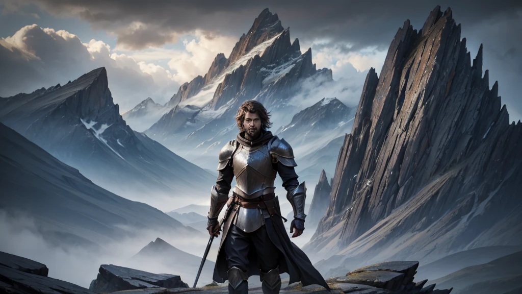 portrait of a fantasy black knight, dark cloudy weather, jagged mountain background, 