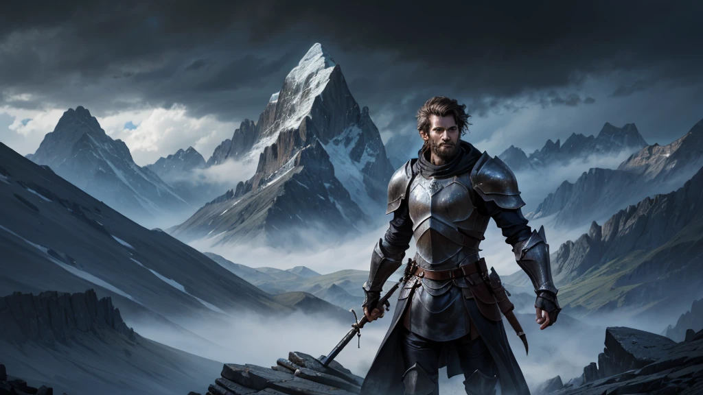portrait of a fantasy black knight, dark cloudy weather, jagged mountain background, 