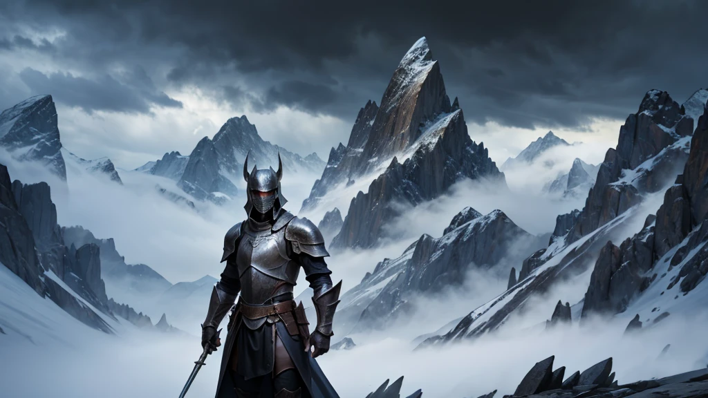 portrait of a fantasy black knight, dark cloudy weather, jagged mountain background,