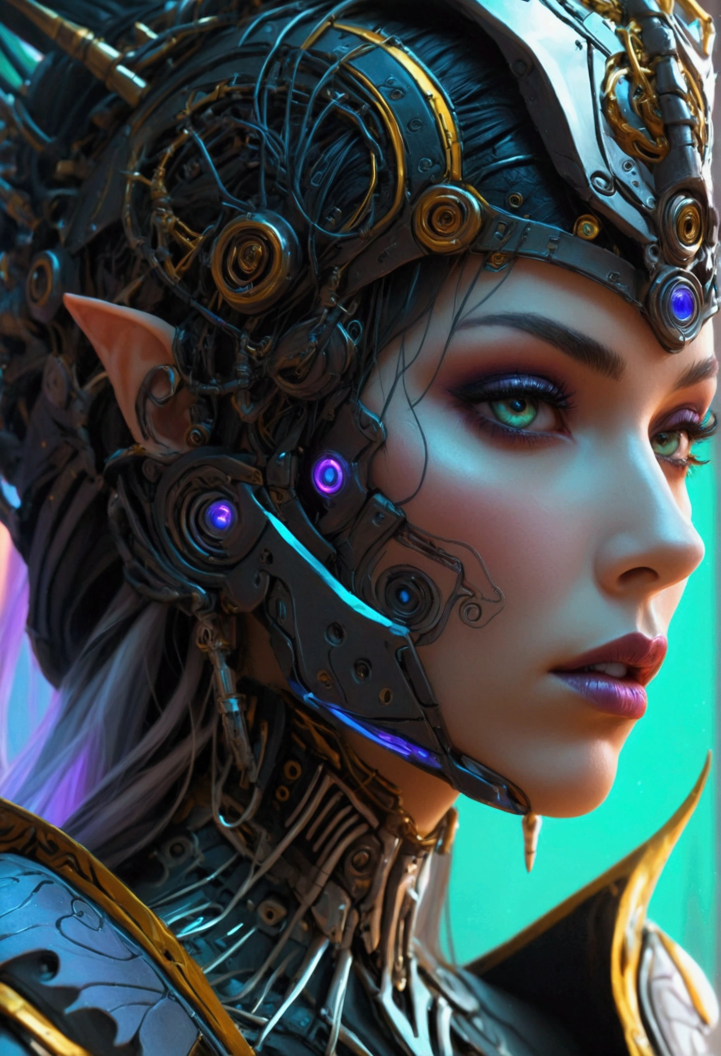 a close up of a woman with a very elaborate headpiece, cyberpunk robotic elvish queen, portrait of a cyborg queen, beautiful elegant demon queen, seductive cyberpunk dark fantasy, detailed matte fantasy portrait, fantasy art behance, cgsociety saturated colors, deviantart artstation cgscosiety, aetherpunk airbrush digital art