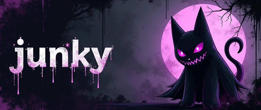 Create a gothic banner that integrates the word 'Junky'.
colors: blackw, neon purple, gris. You have to integrate the subtitle 'discord.gg/junky'. Must contain Gothic symbols such as star or cross. A banner that must have genkar (Pokémon)