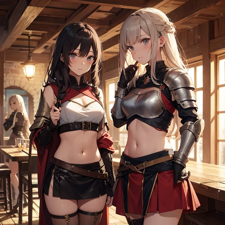 A group of female medieval fantasy adventurers, (in tavern), various hair styles, harem, night, details face, short skirt, seducing, sleeveless, armor, midriff