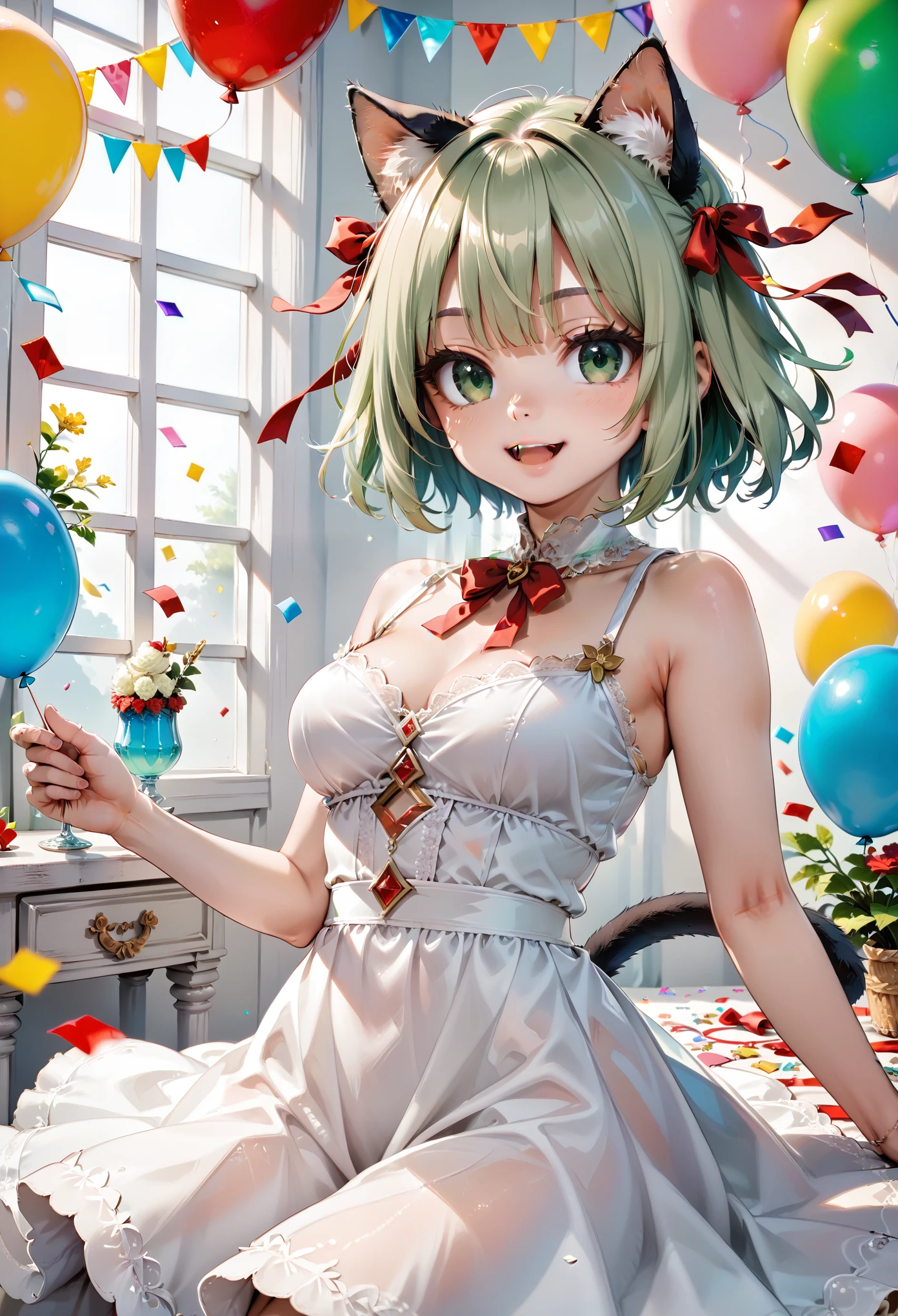 1 cat girl, emerald eyes, cat tail, cat ears, light green hair, short hair, smile, open mouth, cute, medium breasts, bare shoulders, red ribbon, (hair ribbon:1.1), dress, confetti, party, indoors, balloon, gorgeous, glitter, sharp focus, looking at viewer, upper body, (intricate:1.1), (light green tone:1.1), (light brown tone:0.9), (light green atmosphere:1.1), llustration, anime coloring, high contrast, BREAK (masterpiece:1.2), (best quality:1.2), (very aesthetic:1.2), (absurdres:1.2), (detailed background), newest, ai-generated, (intricate details:1.2),