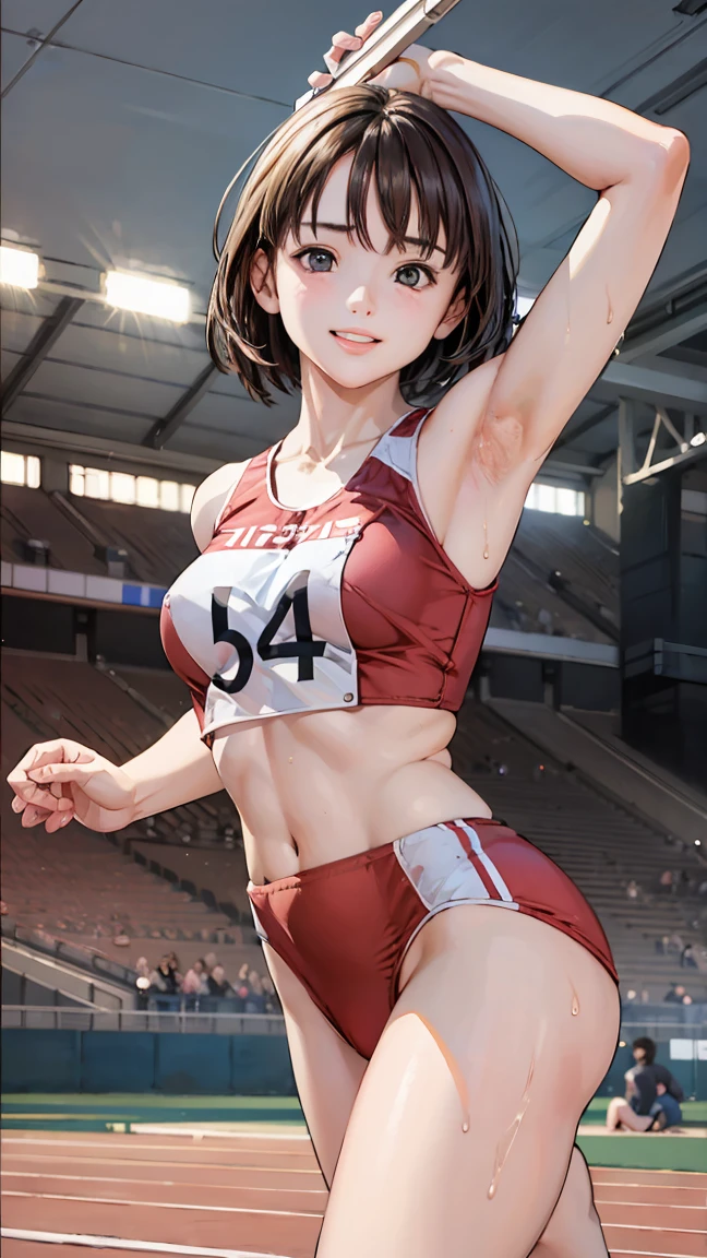  (Three Girls)、(Athletics Stadium、truck),、smile、The men are laughing、、Short Hair、They hesitate,、Wet Hair,  Underarm, Mid-chest, Realistic butt crack , (High color saturation:1.0),  (Very detailed肌), (Highest quality:1.0), (Ultra-high resolution:1.0) ,(Realistic:1.0), (Very detailed:1.0), (8k, RAW Photos:1.1)、Center of chest、Spread your legs、Yoshizuki Iori、Running、(White Athletics Uniform、English bib number)、(Front view)