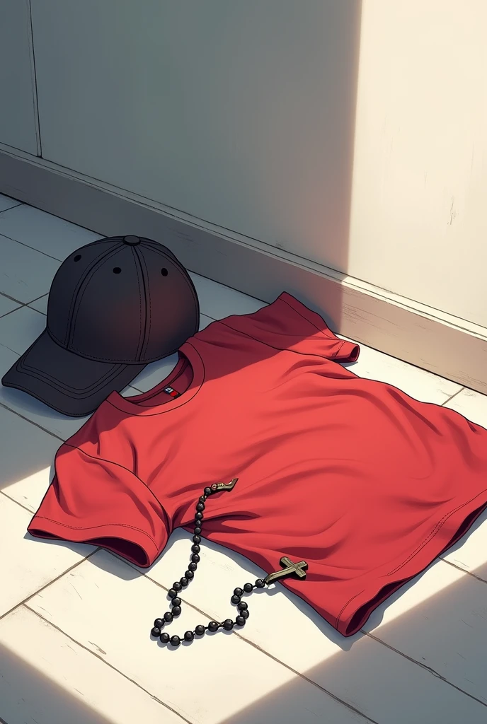 Red T-shirt crumpled on the floor and next to it a baseball cap and a rosary 2d style anime visually beautiful very anime Anime style anime