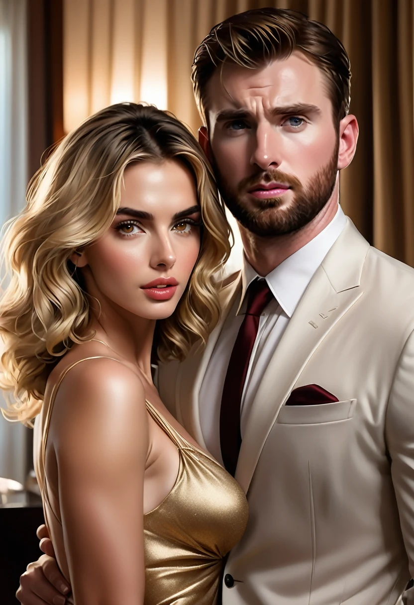 Generate the image of a couple. 
 The beautiful Ana de Armas, gold eyes, short wavy blonde hair. 
And the beautiful Chris Evans.
Both in a hotel suite, the scene denotes sensuality and passion.