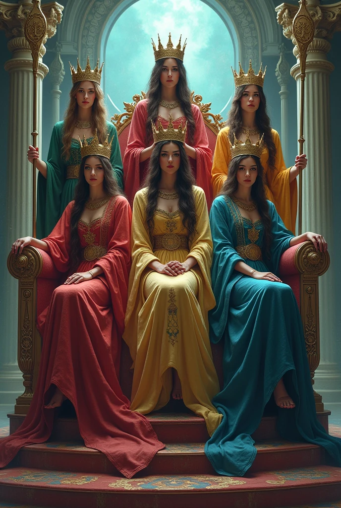 5 women dressed as witches, with a long tunic of different colors, the tunic covers their hair, with a setro in their hand, with their crown on their head, perched on a beautiful throne, behind her there is an open portal to another dimension .