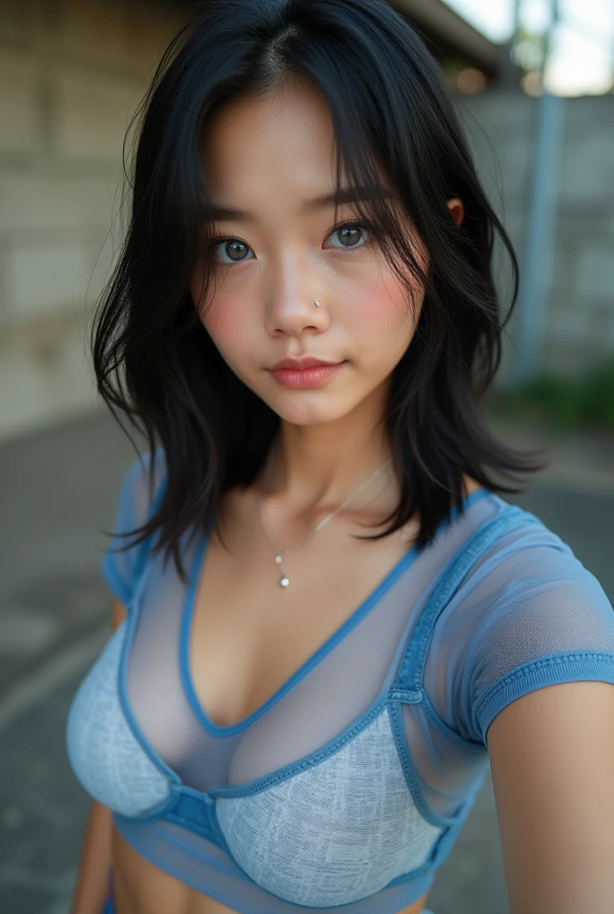 1 Thai girl comes in, Age 19, alone, Aesthetic art,, black hair, Shoulder length hair, gray eyes, black eyes, Pale skin, bowl, big breasts, The runner's body, (textured skin, hair follicles:1.1), Goosebumps, Taking a selfie outside in a wet crop top, Translucent t-shirt and jeans, close up, , Blue see-through mesh t-shirt, ((Nipple piercing)), Nipples visible through t-shirt, charming, sexy pictures, , bare, necklace,