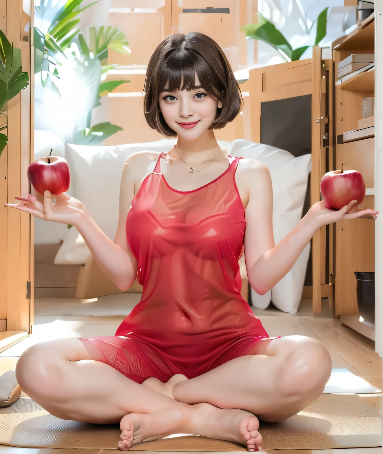 {{{Hold your hands out as if you were holding an apple::1.8}}},{{{Blunt bangs、short hair:1.6}}}},,{{Girl sitting on a mat and doing yoga poses:１８age:Double Eyes::smile}},, Sitting pose,{Tight tank top:See through}, Affectionate, Affectionate, gentle pose, Symmetrical pose, Full body pose, 