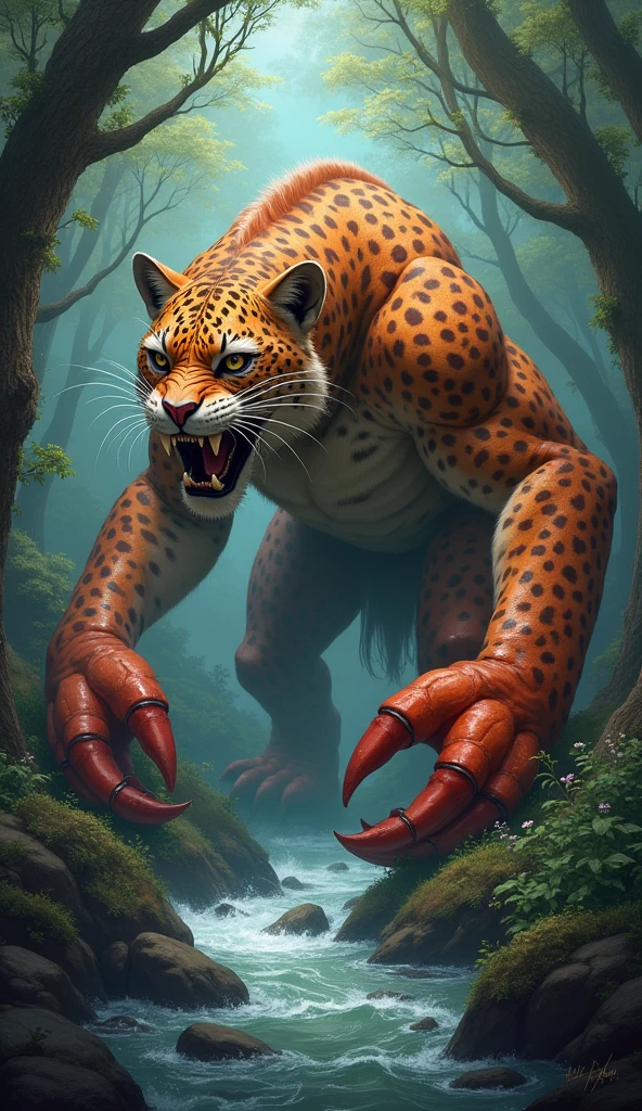 The image depicts an imaginative and mystical creature that appears to be a hybrid between a large cat, like a leopard, and a crustacean, such as a crab. Its head and upper body resemble a powerful big cat with a feline face and sharp teeth, while its lower body includes large, menacing crab claws. The creature is set within a dark, mysterious forest with a stream running through it, adding to the fantastical atmosphere of the scene.