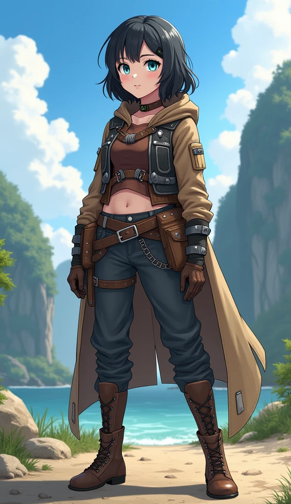 Anime girl  1 girl, black hair. blue eyes Freya wears a functional and stylish adventurer's outfit, designed to provide freedom of movement and protection. She wears a dark brown leather top, fitted to the body, with steel details on the seams and shoulders to offer some protection against light attacks. Over the top, she wears a reinforced leather vest, which has small metal plates embedded in it for added protection on the chest and upper back. The lower part consists of pants made of a strong and flexible fabric, dark gray in color, which fit comfortably on the legs, allowing agility in combat and exploration. Freya's boots are made of sturdy leather, designed to withstand long hikes and varied terrain. They have non-slip soles and reinforcement in impact areas such as the ankles and heels. To complete the look, Freya wears a belt with several pouches for carrying small items and a lightweight traveling cloak, which can be removed when necessary.Full body 
