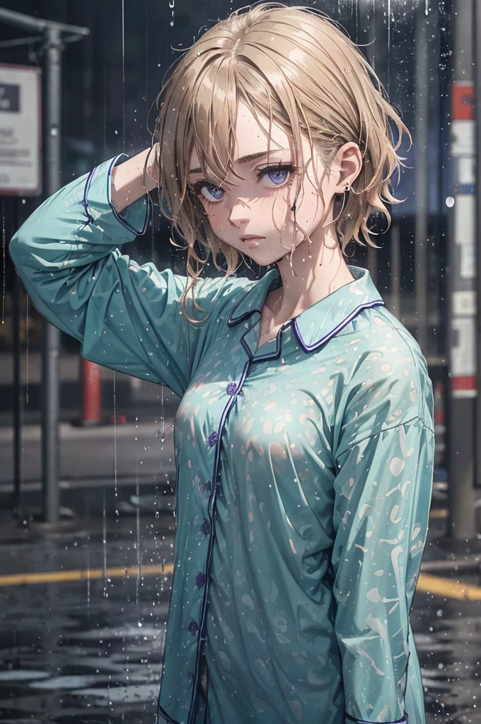 ((Teal coloured buttoned up pyjama shirt)), (naked bottoms, wearing nothing but her shirt), 1girl, raining heavily, (patterned pyjamas), outside, short caramel-blonde hair sticking to her face, depressed purple eyes, teal coloured pyjama shirt, nighttime, very dark, soaking wet, wet through, wet clothes, almost naked, small breasts, outside at nighttime, in the streets, dark background, dark, very dark night, realistic colour, 1 colour shirt, soaking wet pyjamas, wet though, dripping wet, a hint of nipples, purple eyes, alluring depressed eye, cold dark night, flushed cheeks, braless, bare legs, bottomless, faint nipples pressing through, NSFW