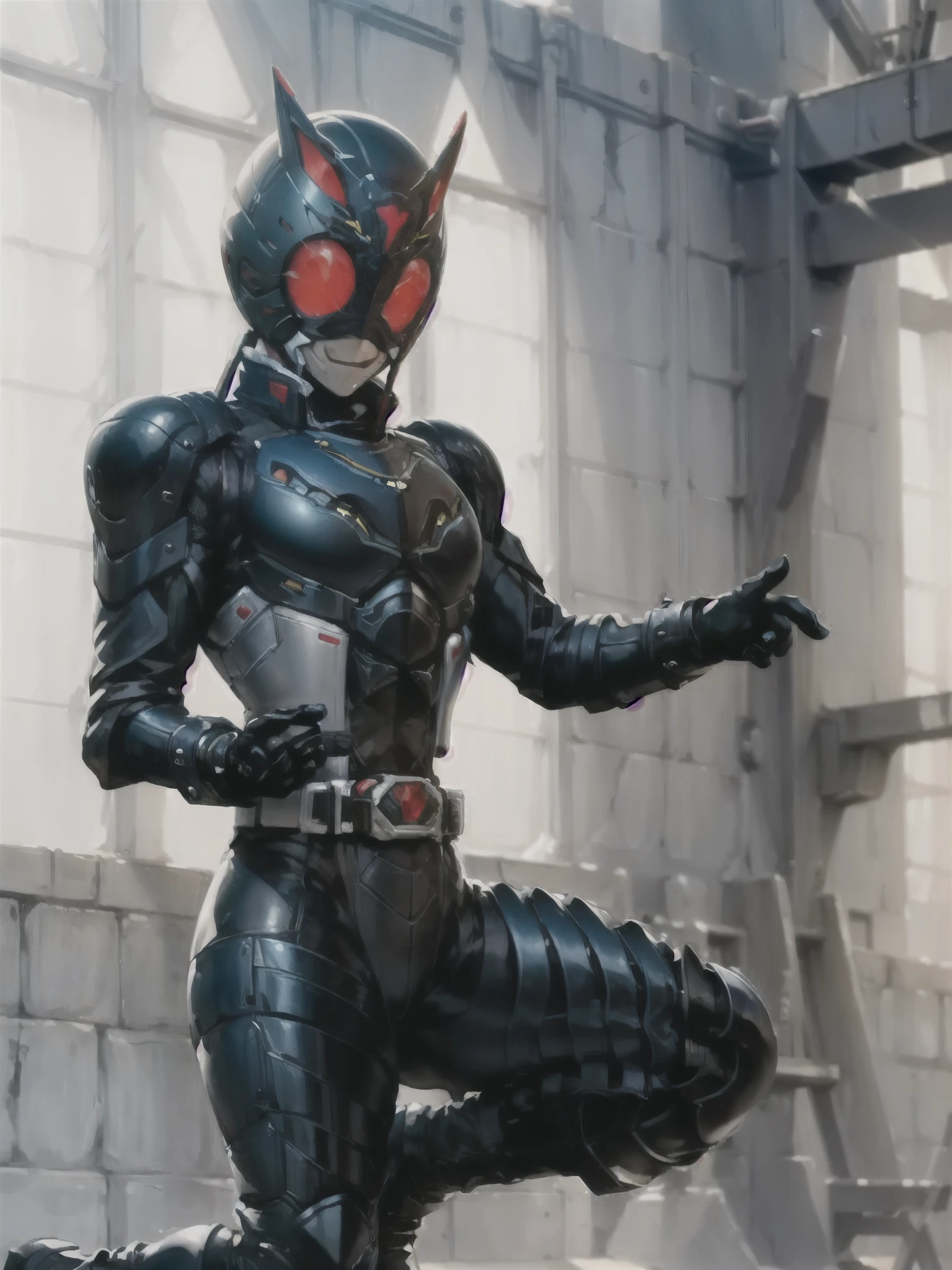 (extremely detailed CG), (best quality), 1boy, male focus, Faiz,black footwear, boots,black bodysuit, (rider belt:1), gloves, ,(armor:1), bodysuit,night, smile,  standing, hands on hips,looking at viewer,helmet,mask, squatting,