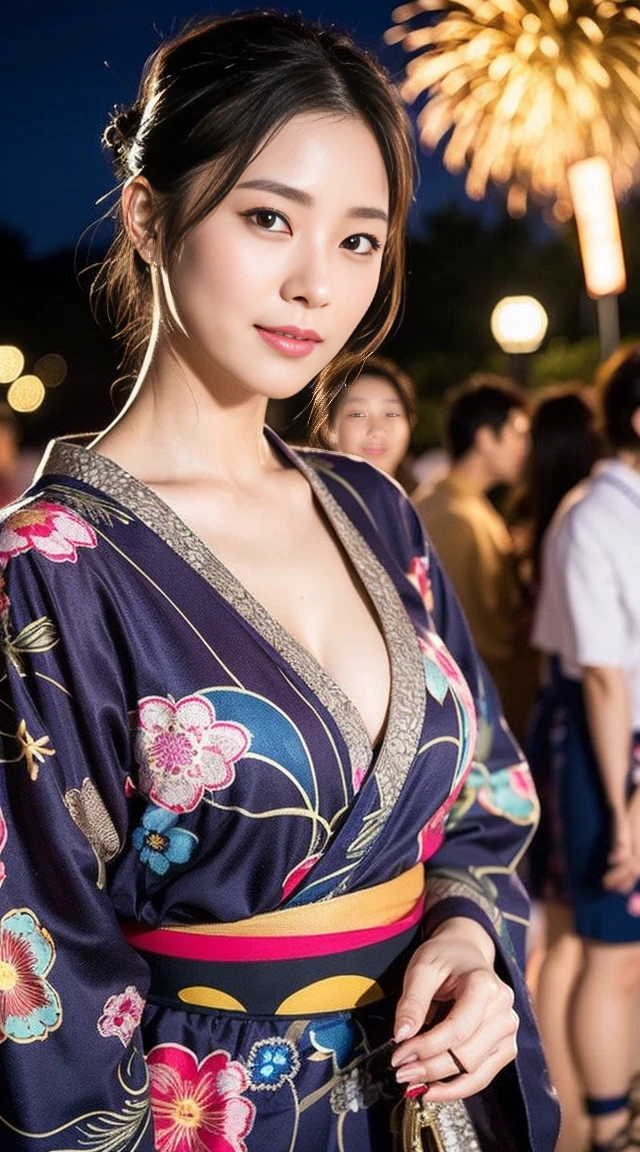 Dark brown hair、Light brown eyes、Japanese actress、 Lady、I am about 40 years old...、(Intricate details:1.2)、(Which is more expensive????:1.4)、 (Ultra-high resolution:1.2)、Ultra-high resolution、(fine adjustment)、(Detailed facial features)、Hmph、8k resolution、D cup size breasts、Long Hair、Hue、night、,Full body photo、firework、yukata、firework大会、日本のfirework、Japan yukata、band、Summer in Japan、Yukata outfit、Updo、