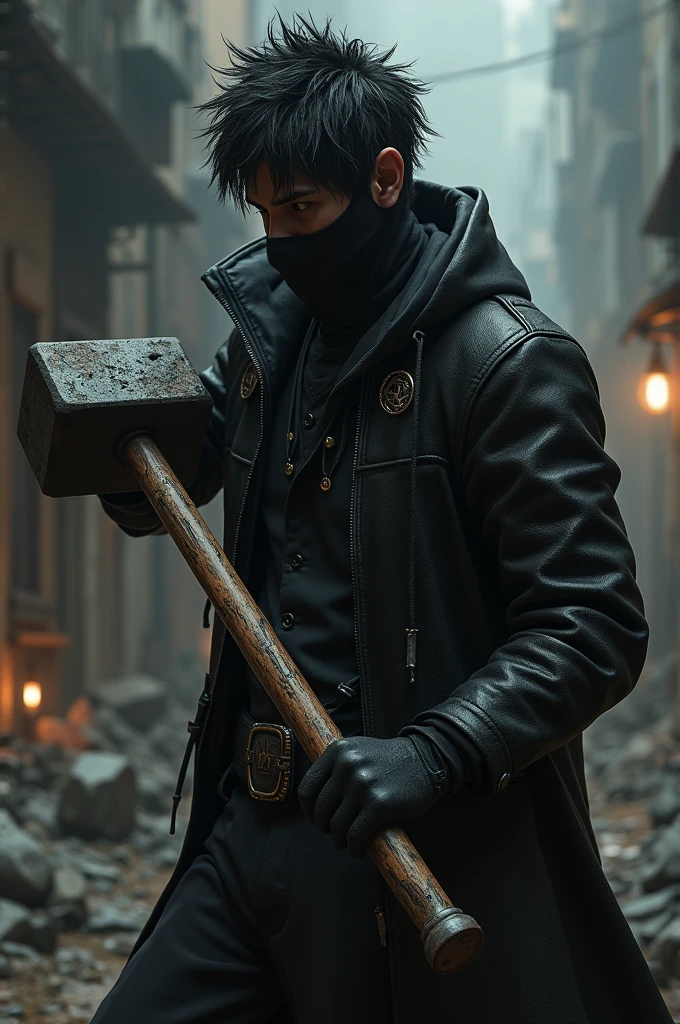 Man in a black mask with a black outfit with accessories and with a messy pattern hair holding a sledgehammer (game style)