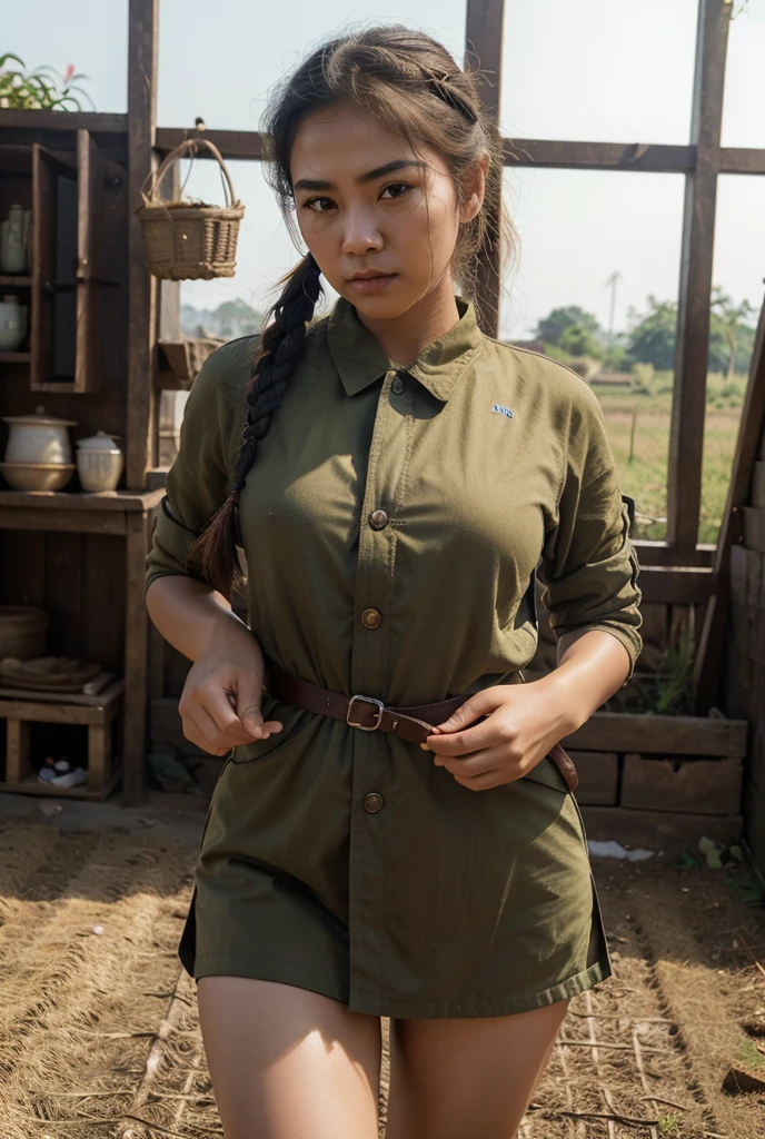 1girl, beautiful detailed female vietcong woman, young, vietnam, southeast asia, southeast asian face, voluptuous, curvaceous, short, petite, thicc, thin thighs, wide hips, natural, natural lashes, no makeup, glistening sweat, teenager, ulzzang, cute face, thin face, skinny face, thin cheeks, tsundere, annoyed face, angry face, angry brows, frowning, small nose, thin eyes, thin lips, traditional clothing, military clothing, baggy clothing, shirt collar, buttoned clothes, military harness, rifle strap, wearing military pouches, communist cap, arafed woman, vietnamese farmer, vietnam harvest, vietnam rural travel, vietnamese woman, traditional vietnam, rural vietnam, in bed, makeshift bed, fields, impoverished, disheveled, farmer, farming, messy thick luscious hair, tied short hair, short hair, traditional hairstyle, cute hairstyle, cute haircut, bob cut with pigtails, detailed face, penetrating eyes, beautiful detailed lips, extremely detailed skin, detailed clothing, colorful clothing, (best quality,4k,8k,highres,masterpiece:1.2),ultra-detailed,(realistic,photorealistic,photo-realistic:1.37), natural lighting, warm color tones, cinematic composition