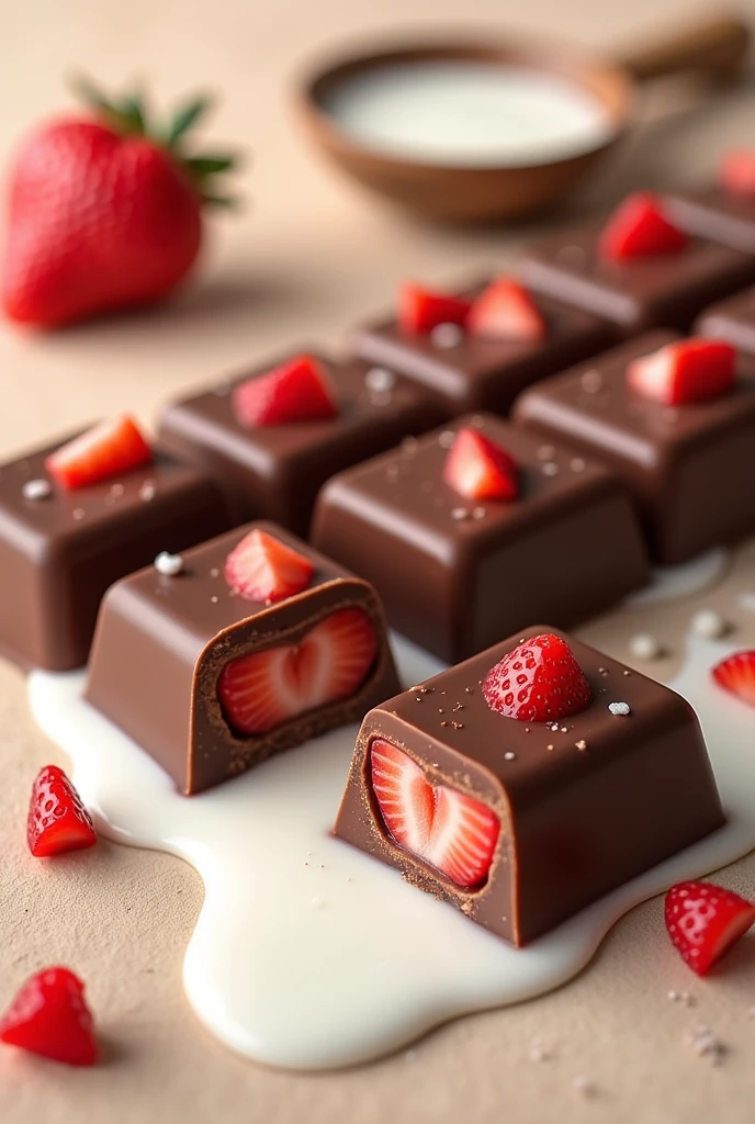 three rectangular strawberry chocolates, that a chocolate bar is split in half and you can see the chopped strawberries and spilled milk, that has a background of a beige wooden table 


