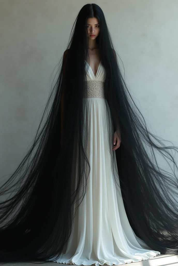  white girl with black hair from head to toe full body. White dress