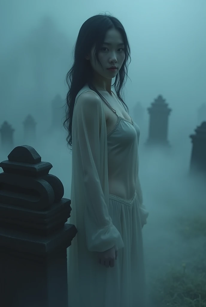 (Female ghost:1.7)、(((In the fog)))、(The body is blurred)、young woman、((Beauty))、Japanese、(Cute face)、1、((sexy))、Background Graveyard、(((Leaning on the grave)))、(((sexyな衣装)))、soul、(((The bottom screen is covered in smoke)))、(best quality,4K,8k,highres,masterpiece:1.2),ultra-detailed,(realistic,photorealistic,photo-realistic:1.37),HDR,uhd,studio lighting,ultra-fine painting,sharp focus,physically-based rendering,extreme detail description,professional,vivid colors,bokeh,cinematic lighting,dramatic shadow,
