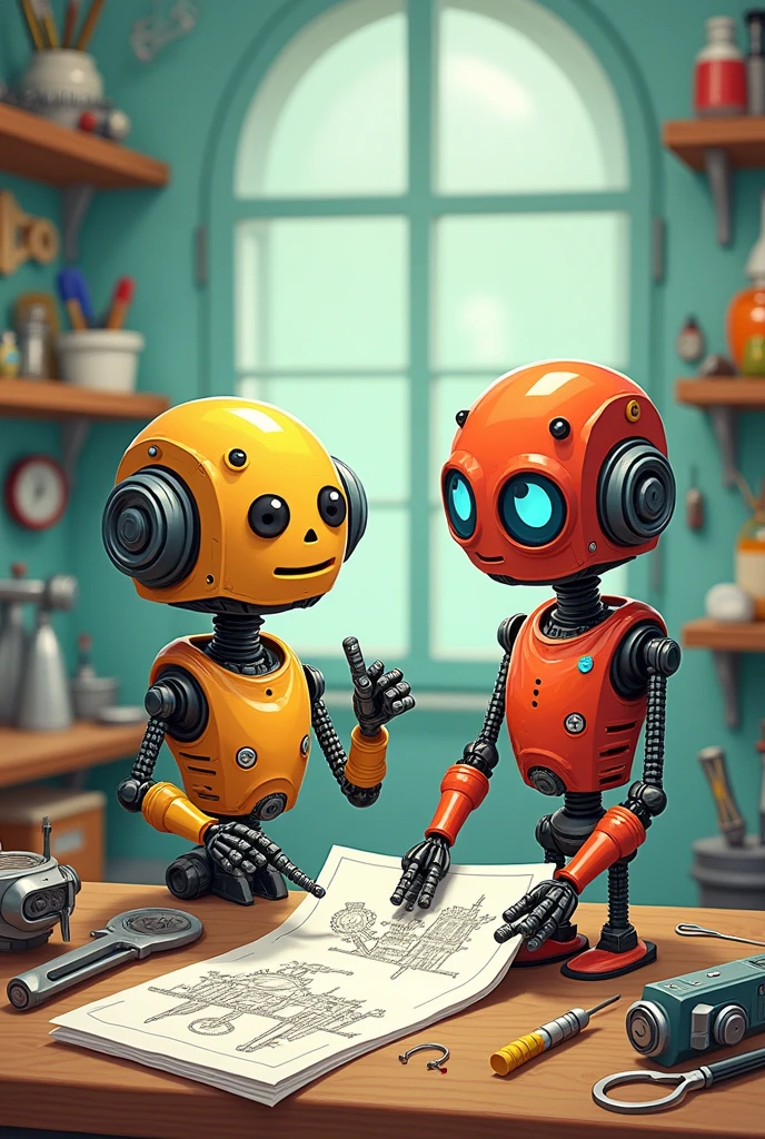 cartoon two mechanical men drawing tools