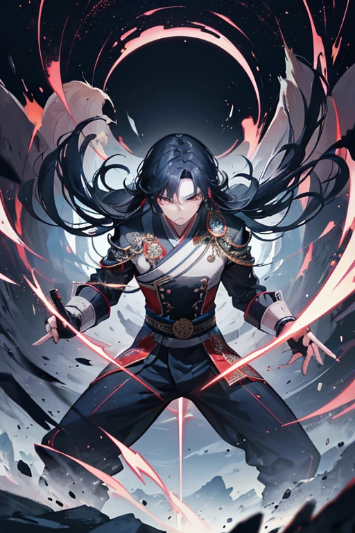 Create a powerful and intense illustration of Cheon Yeo-Woon, the protagonist of *Nano Machine*. Depict him in his traditional martial arts attire, with his dark, flowing hair and sharp, determined eyes. His expression should be calm yet menacing, reflecting his immense strength and intelligence. Surround him with a subtle, glowing aura of nanotechnology, with tiny, intricate digital patterns flowing around his body, emphasizing the advanced nano machines within him. The background can feature a dark, mountainous landscape or an ancient martial arts temple, adding to the sense of mystery and power. The overall style should be detailed and dramatic, capturing both the futuristic and traditional elements of the story.
