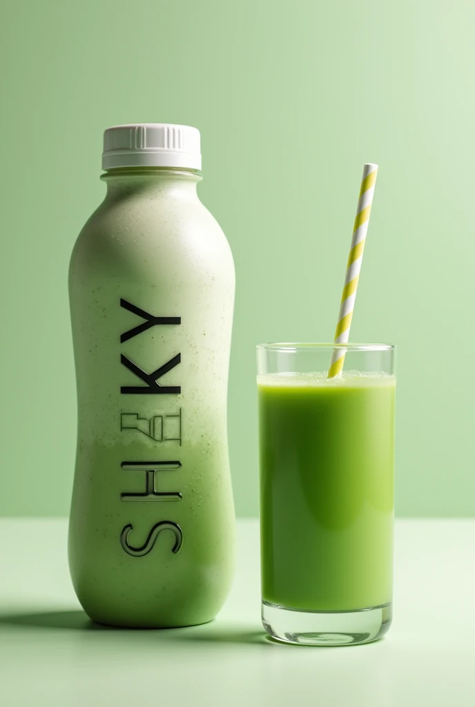 create a protein shake with a container with the logo that says shaky create another idea but transparent container that is the matcha tea protein shake minimalist container with a sipper to be able to drink it