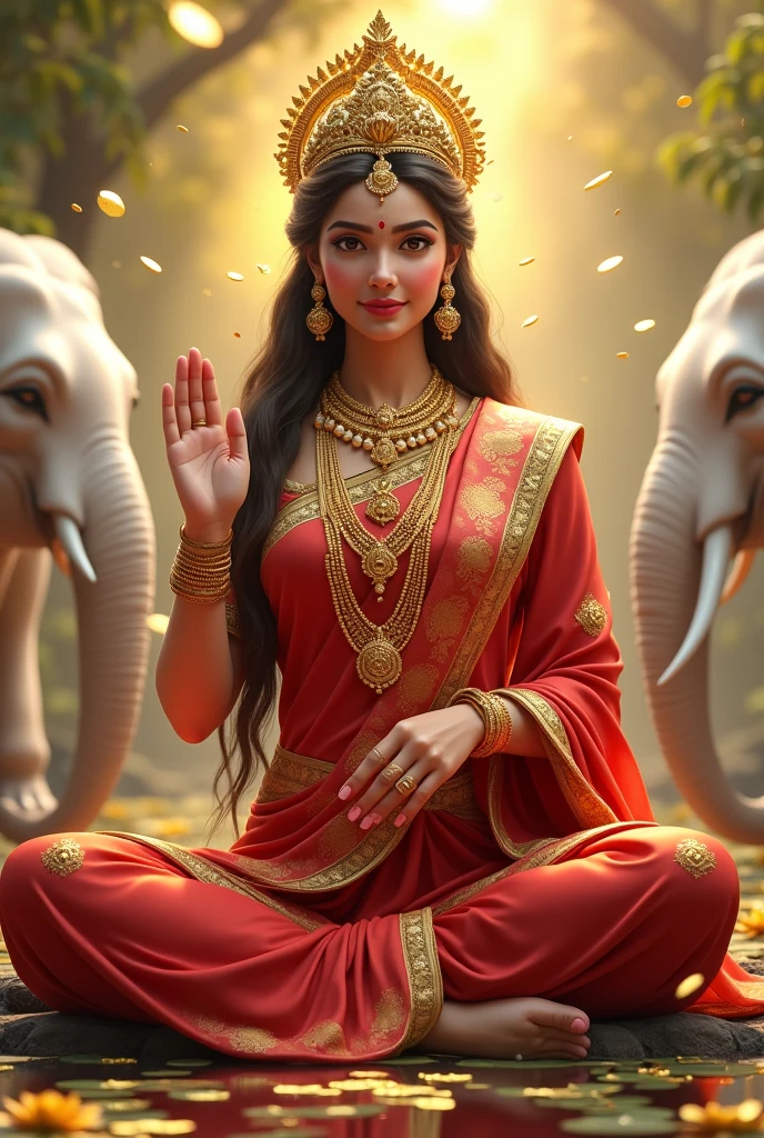 beautiful Goddess Lakshmi in a red golden silk saree with golden ornaments, surrounded by white elephants and a water lotus. smiling happy young and looking at camera and blessing with one hand with lot of gold coins