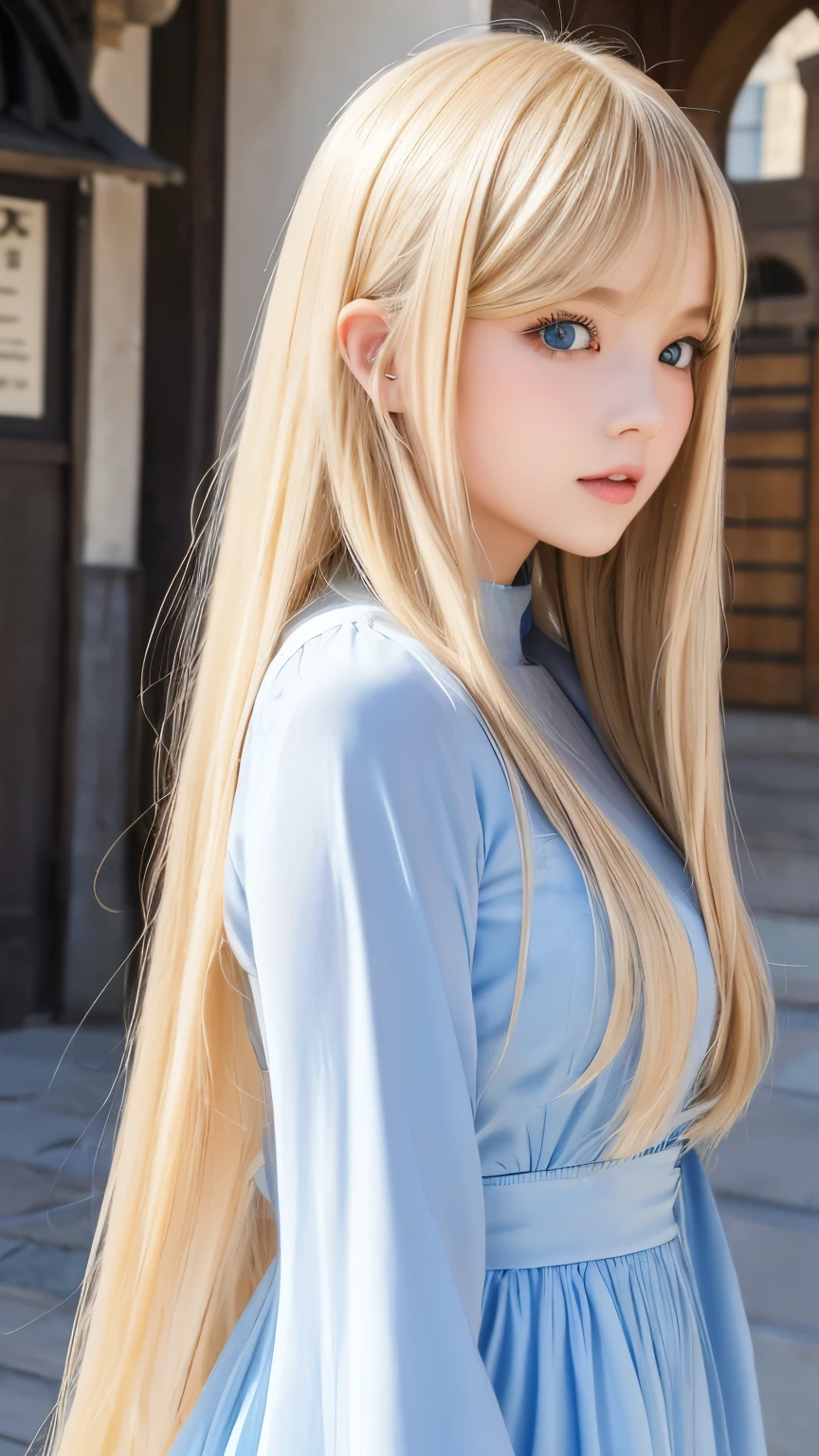 Her shiny, super long blonde hair blowing in the strong wind is dazzling and sexy., Cute, sexy, beautiful and small face is dazzling。、Her long, shiny blonde hair dances in front of her beautiful face.、Long, silky bangs that cover the area between the eyes、Super long blonde hair that covers her face、Hair is too long、Sexy and cute young、Super long straight silky hair、Small Face Beauty、Cheek gloss highlighter、Extremely white, bright and beautiful skin、Such beautiful, big, bright blue eyes、Very big eyes、Medieval streetscape、Medieval dress、Very young、child
