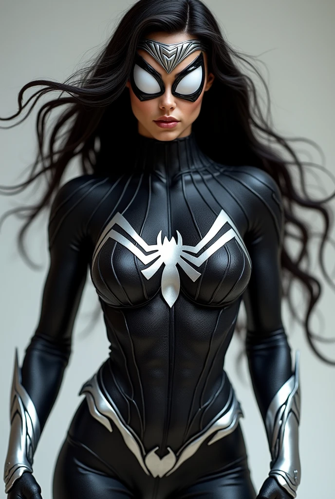 (((Black symbiote))),(((Spider-woman))),(((Una hermosa mujer de cabello negro largo bajo el manto de la aracnida Jessica Drew alias Spider-woman))),(((Black arachnid one-piece leather suit))),(((Giant silver Wonder Woman emblem covering her breasts))),(((Long white boots up to her knees))),(((long white gloves ))),(((With Symbiote skin running all over his skin))),(((Black metal bracelets))),(((Simbionte Spiderman))),(((Piel de Black symbiote))),(((Silver metal headband with a white spider on its forehead))),(((white lenses Spiderman visors)))