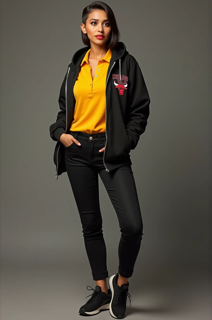 craft a hyper realistic full body length hourglass photo of north Indian beautiful face woman in her age 33, 38B cup breasts, Yellow Black polo neck Sweater and Black jeans slim fit ]] [[Razor cut hair cut, full body pose, highly detailed, wearing Chicago Bulls Jordan hoodie jacket and tracks, cute smile, colorized, smooth, charming, pretty big sexy smile, red lipstick, soft lips, supple skin, attractive appearance, full body length photo with shoes.